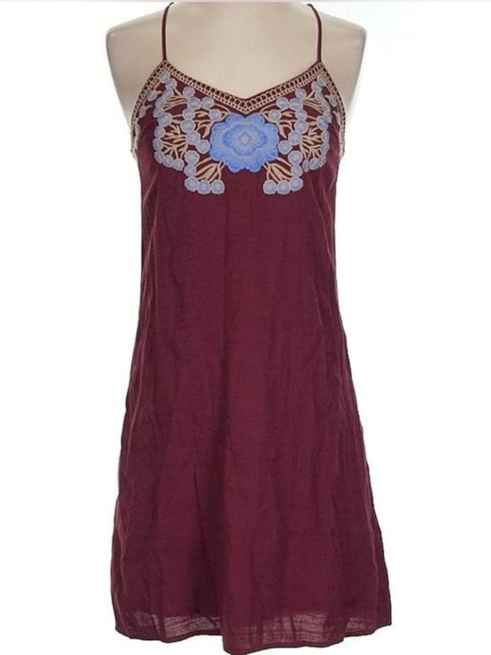 Burgundy Slip Dress with Blue Floral Embroidery